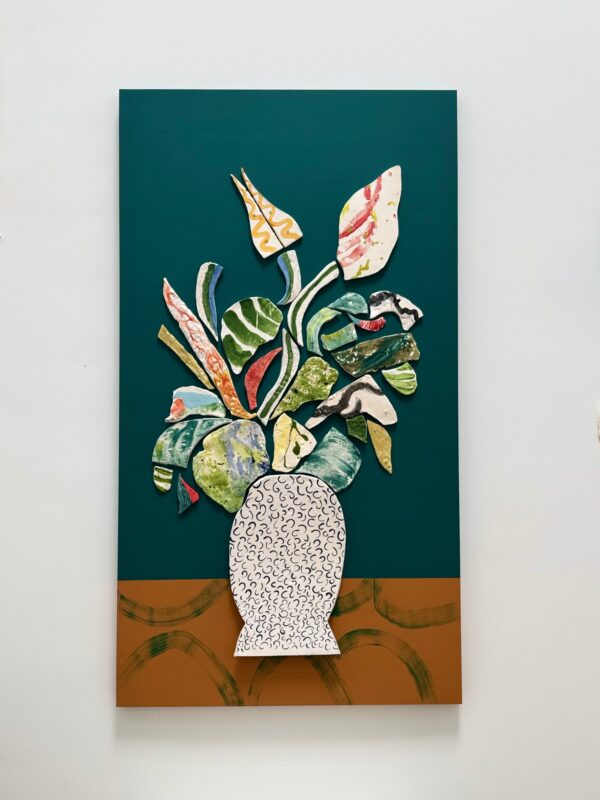 Glazed ceramic shapes on painted wood panel. 65”H x 36”W