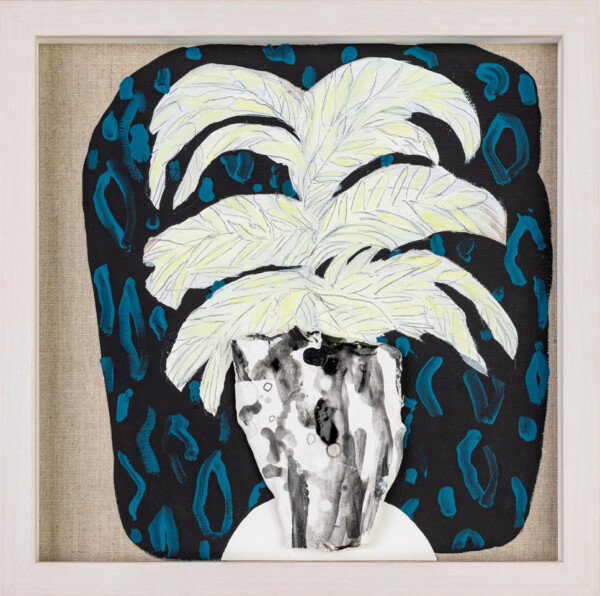 Acrylic, textile, paper, ceramic and wire on linen panel 13 x 13” framed