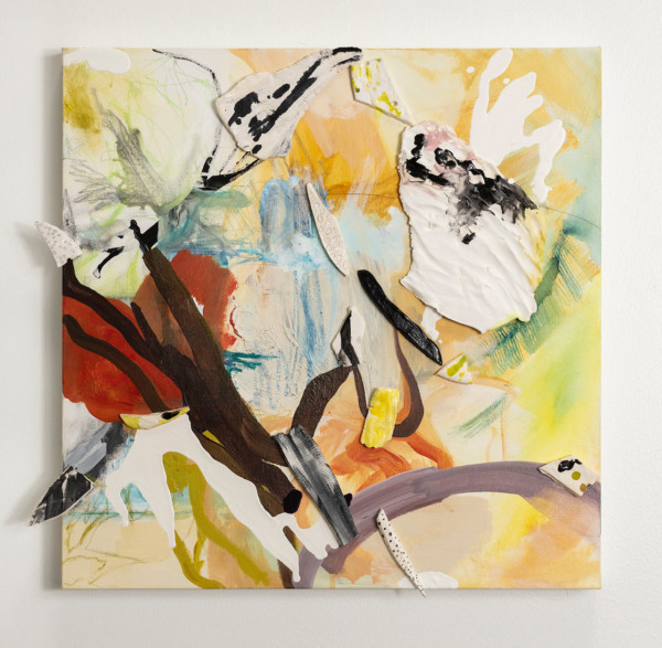 acrylic painting on canvas with attached glazed and fired ceramic shapes